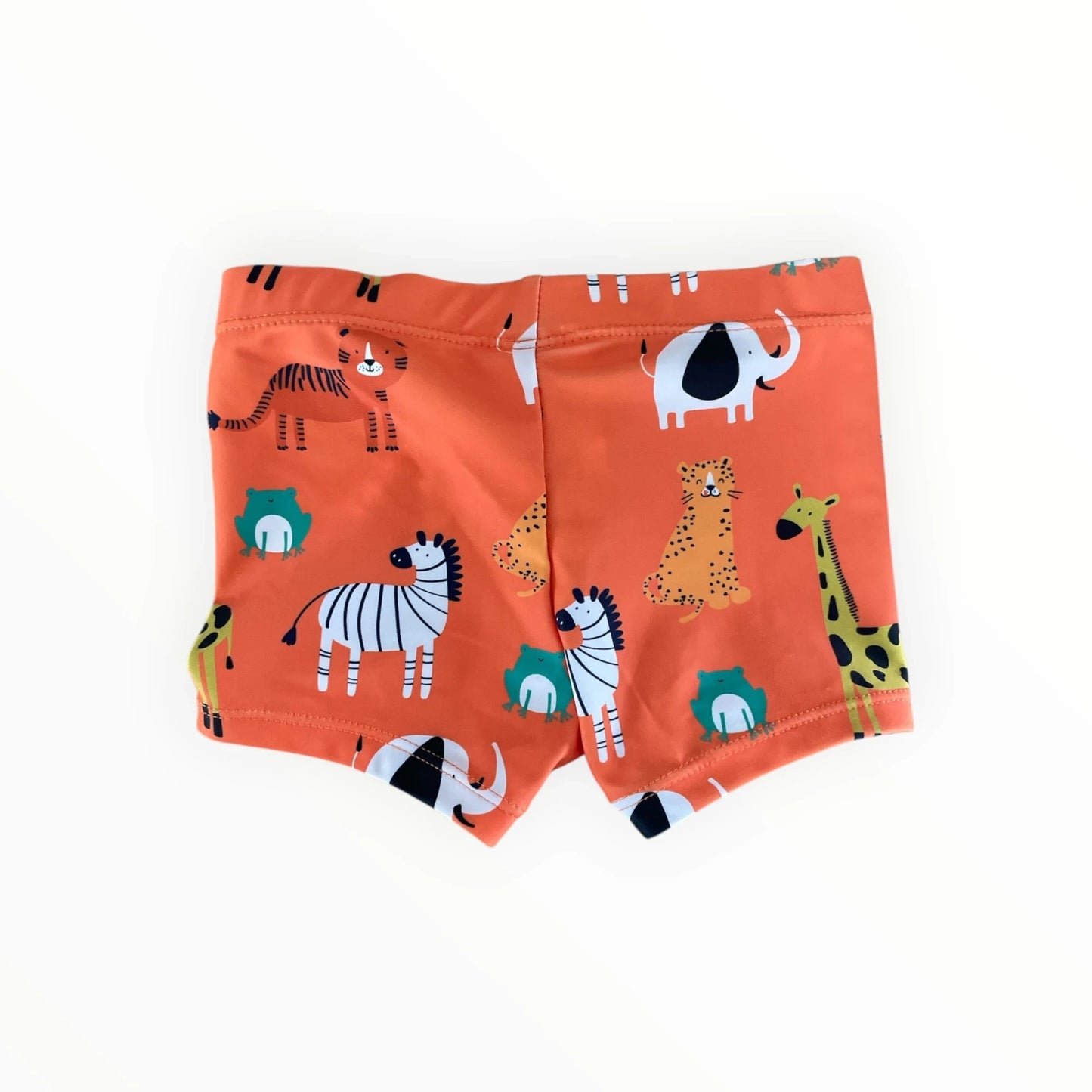Oranje Pierrot Outlet zwembroek voor kinderen met vrolijke dierenprint van tijgers, zebra's en olifanten.