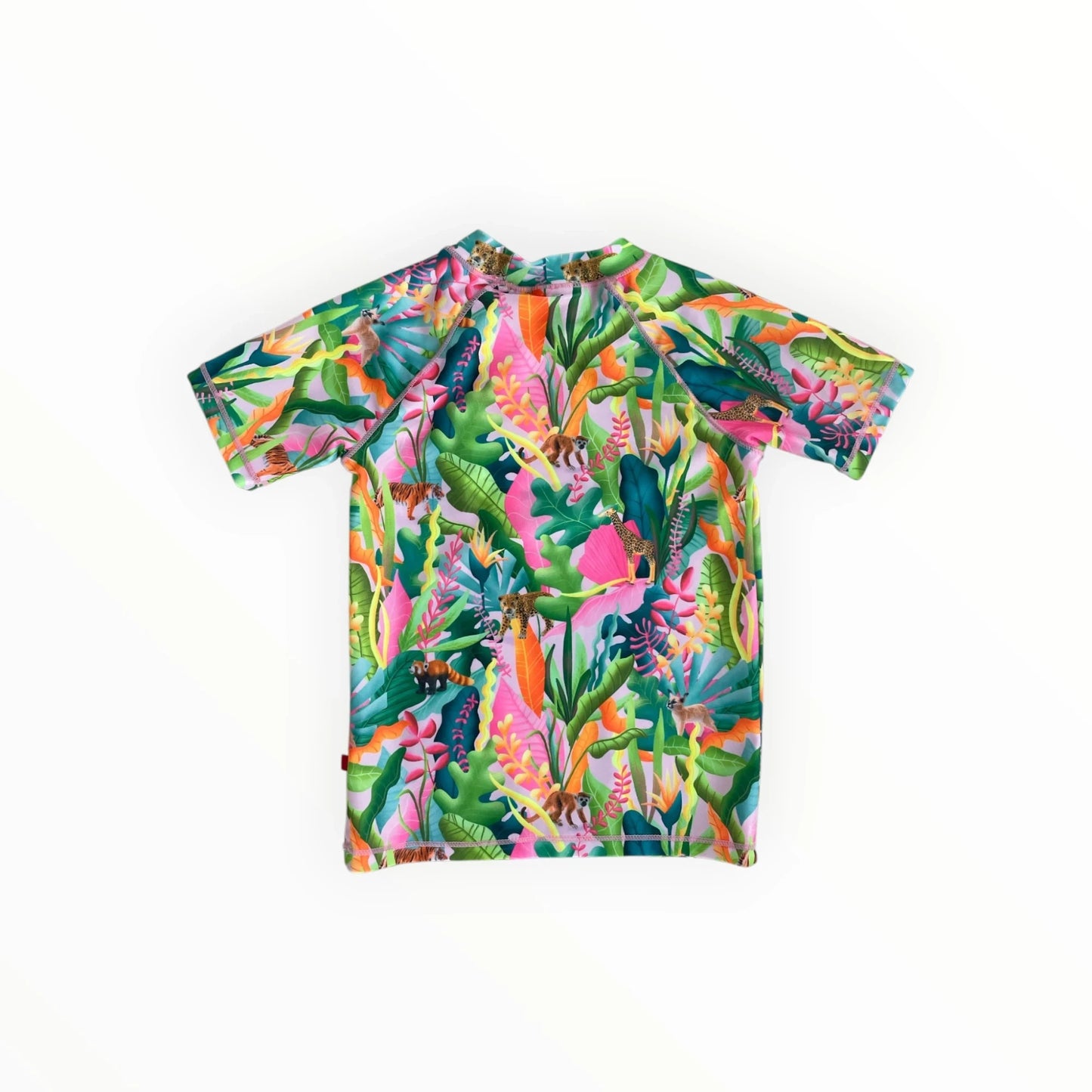 Pierrot Outlet UV-werend zwemshirt voor kinderen met kleurrijke jungle-print, tijgers en giraffen in roze en groen.