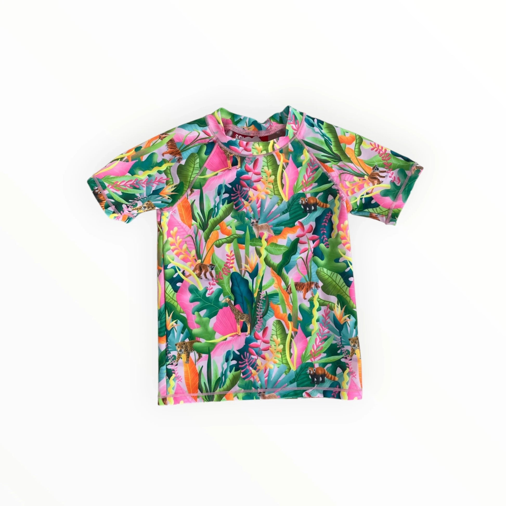 Pierrot Outlet UV-werend zwemshirt voor kinderen met kleurrijke jungle-print, roze, groen en oranje tinten.