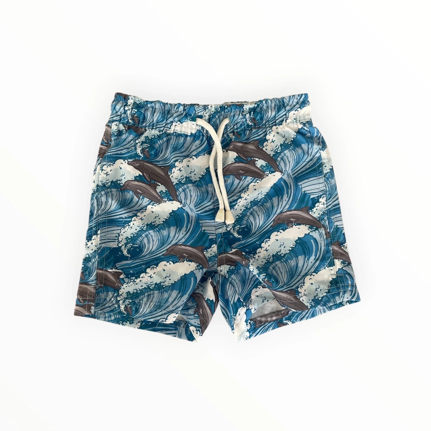 Pierrot Outlet blauwe kinderzwemshort met dolfijnenprint, elastische tailleband en wit trekkoord.