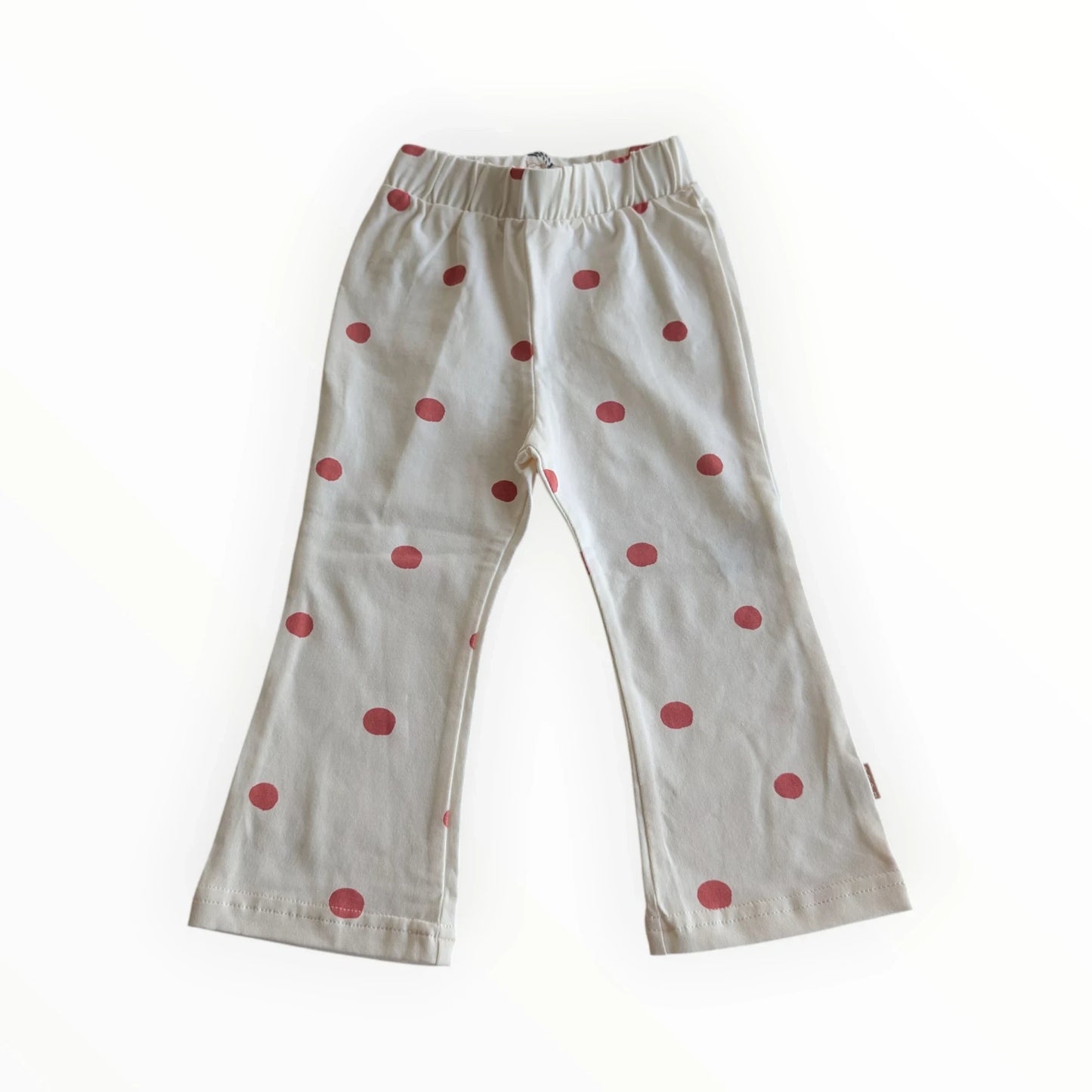 Pierrot Outlet off-white katoenen kinderbroek met rode stippen en wijde pijpen. Elastische tailleband.