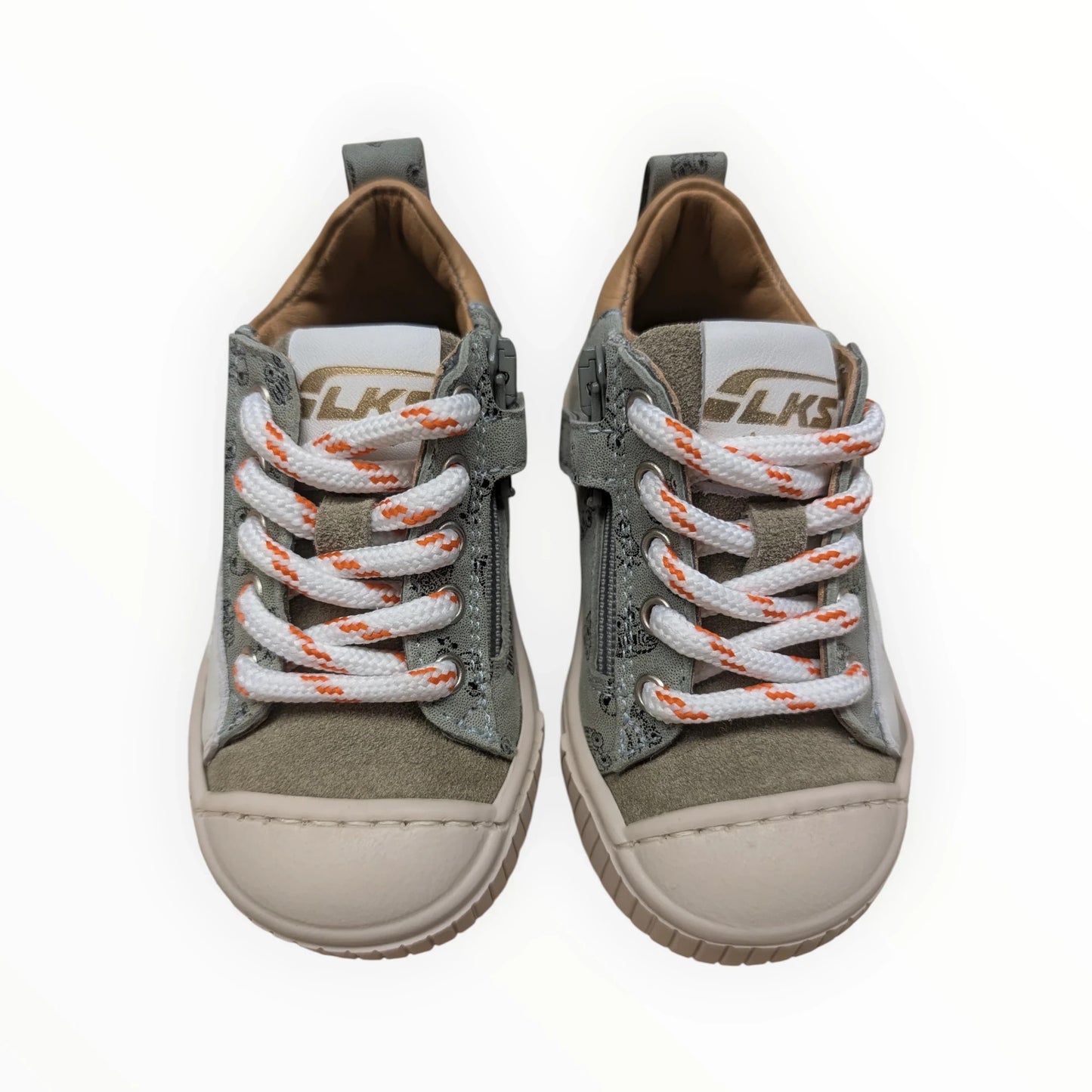 Pierrot Outlet kindersneakers van suède en textiel in olijfgroen met oranje veters en rits