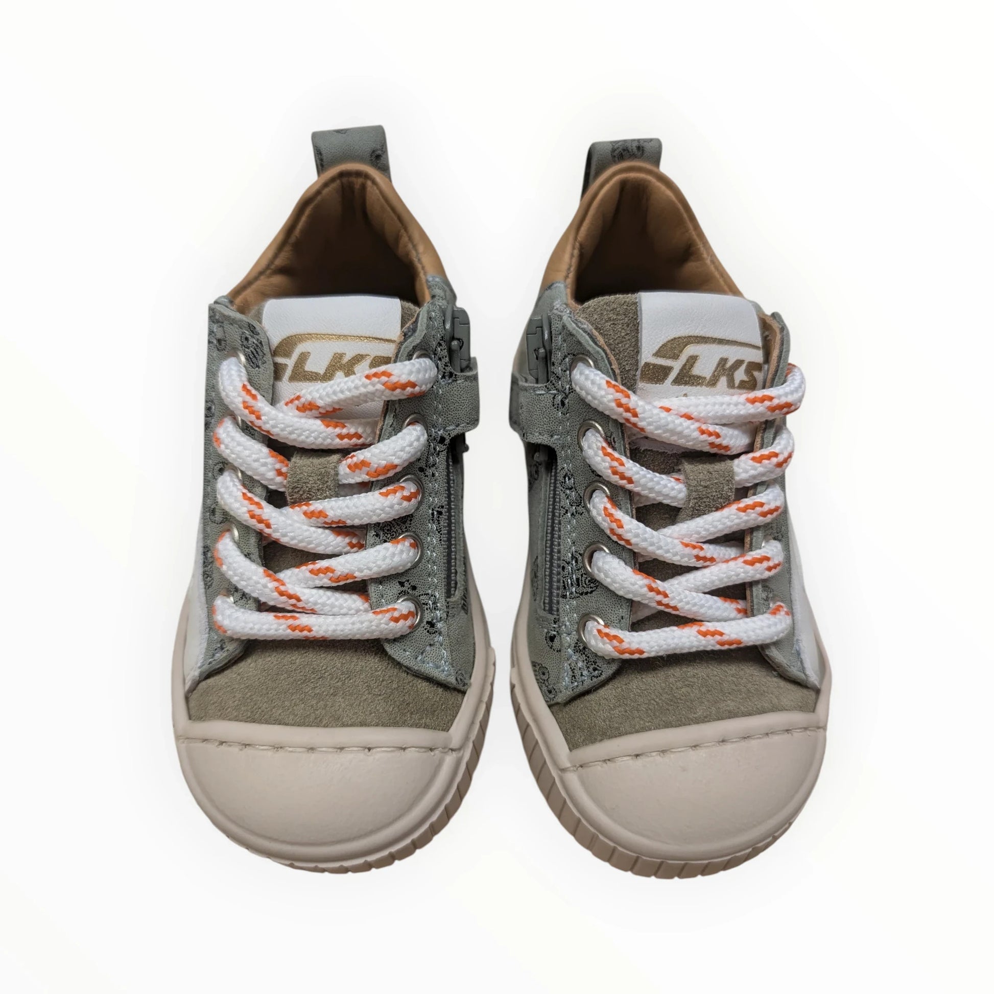 Pierrot Outlet kindersneakers van suède en textiel in olijfgroen met oranje veters en rits