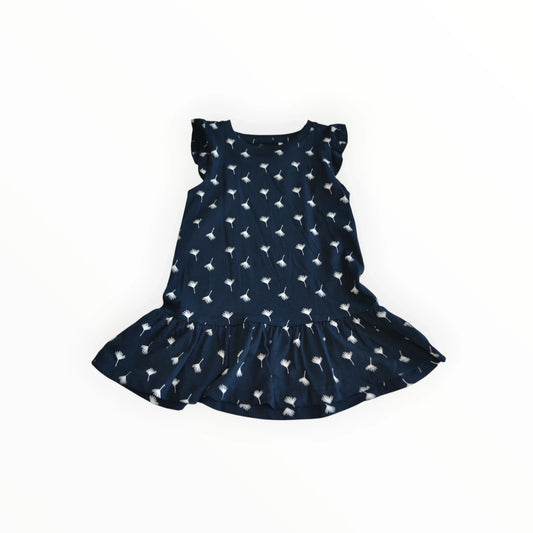 Pierrot Outlet kinderjurk met paardenbloemprint, ruches en uitlopende rok, donkerblauw met wit
