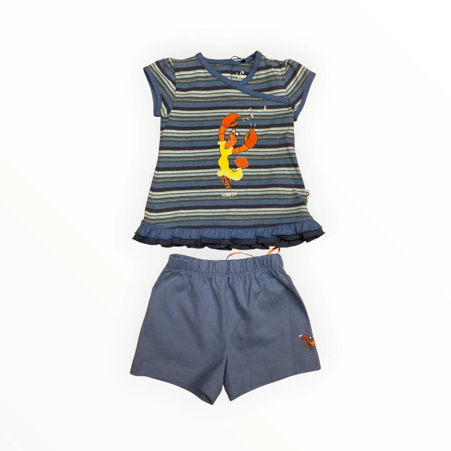 Pierrot Outlet gestreept shirt met kreeftprint en effen blauwe short met elastische tailleband.