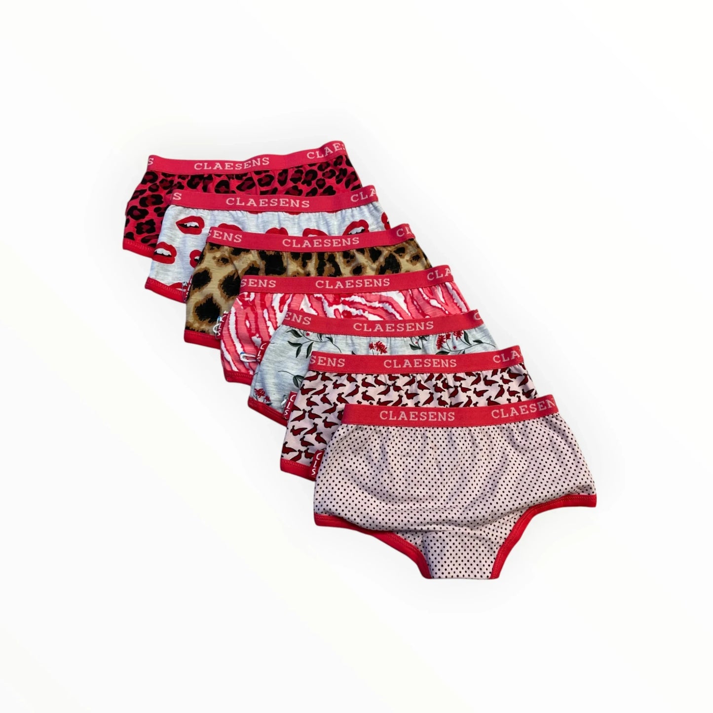 Pierrot Outlet kinderonderbroeken multipack met luipaard, lippen, bloemen en stippen prints. Zes stuks.
