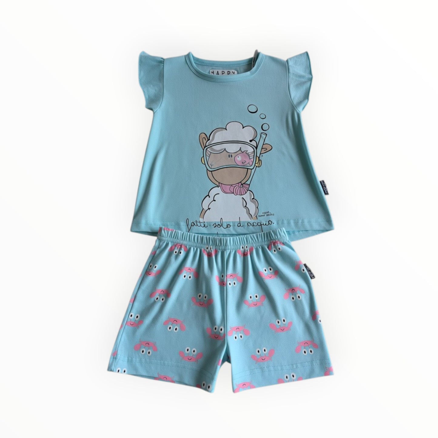 Pierrot Outlet lichtblauwe katoenen pyjamaset met schaap en krabbenprint, korte mouwen en pofmouwtjes.