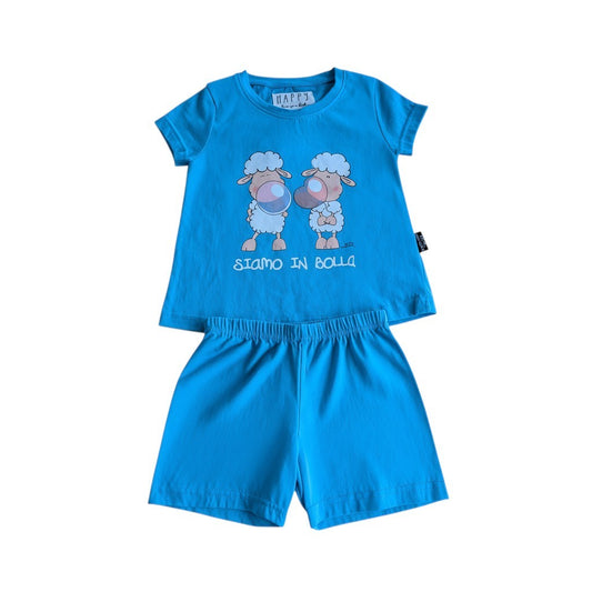 Pierrot Outlet blauw katoenen pyjamaset met schaapjesprint en tekst "SIAMO IN BOLLA".