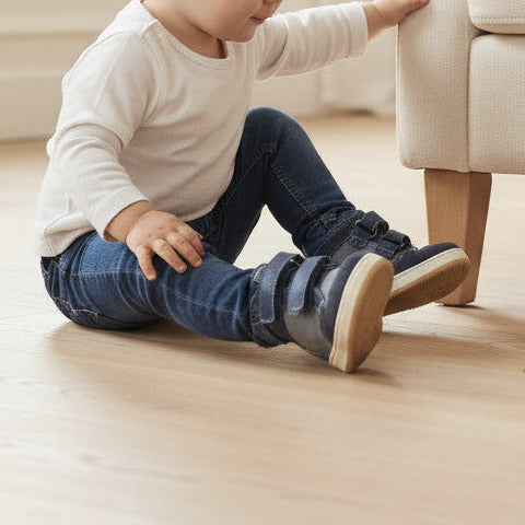 Pierrot Outlet kinderschoenen in donkerblauw en grijs met klittenband, gedragen door een kind zittend op de vloer.