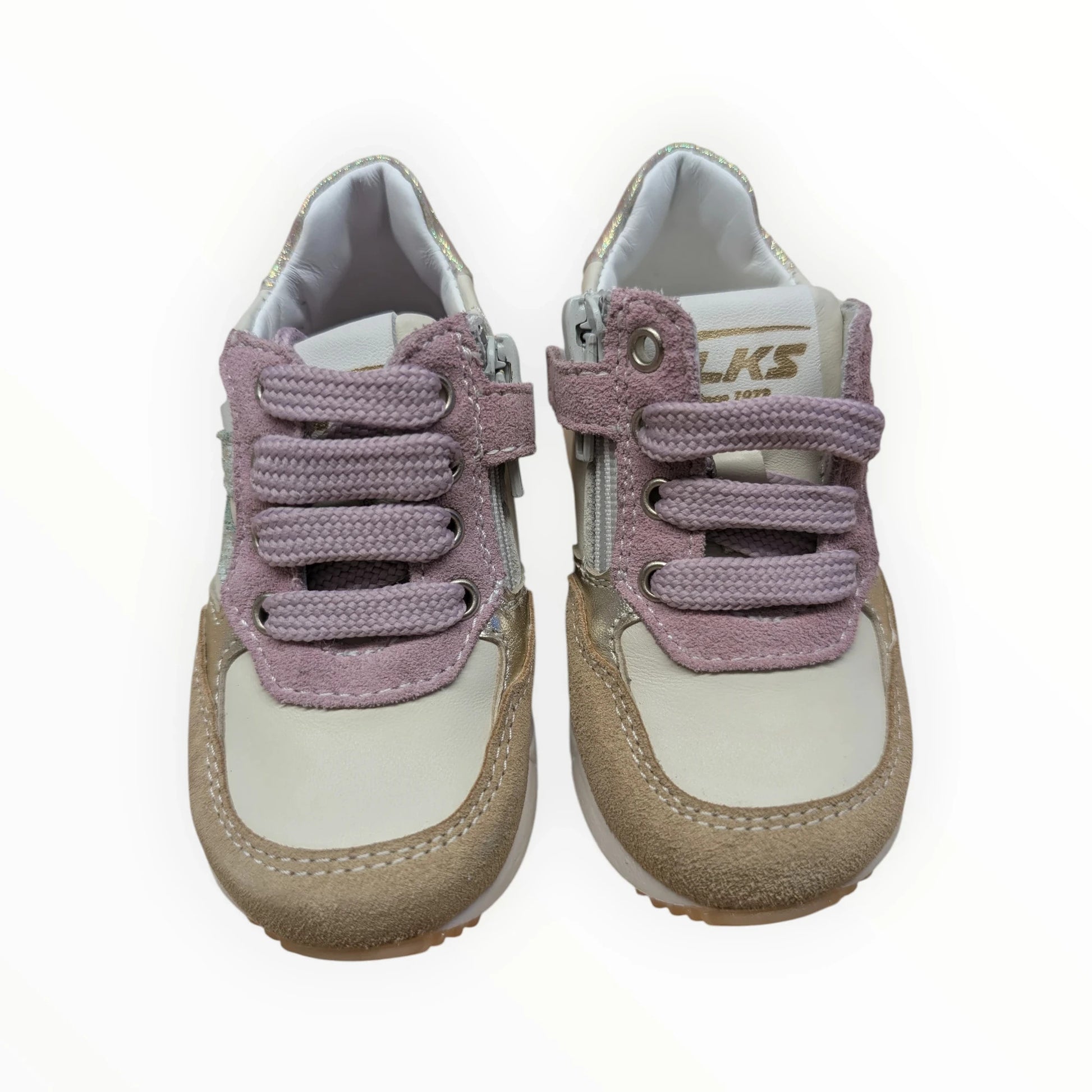 Pierrot Outlet kindersneakers met veters en klittenbandsluiting in beige, crème en roze met glitteraccenten. Leer en suède.