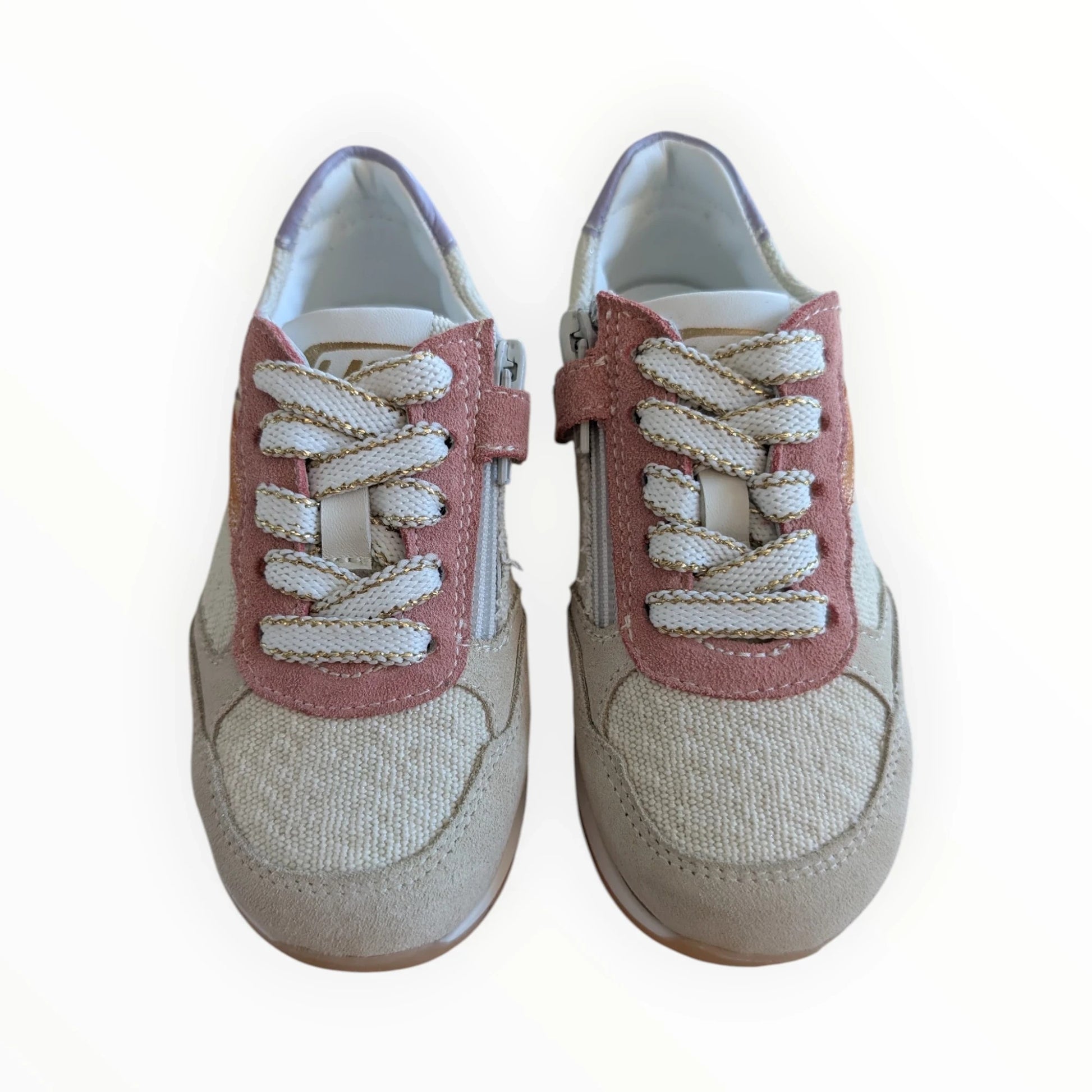 Pierrot Outlet kindersneakers met rits en veters in beige, roze en goudkleurige details. Gemaakt van textiel en suède.