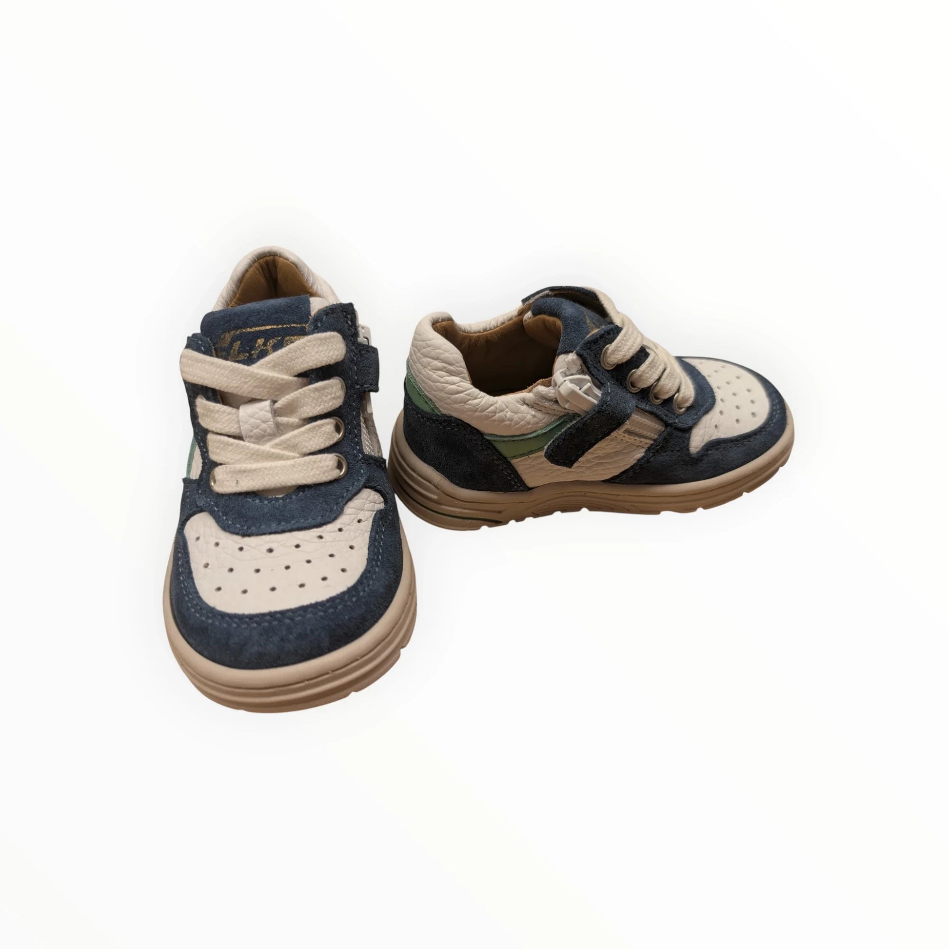 Pierrot Outlet kindersneakers met veters en klittenband in blauw, beige en groen suède en leer. Retro design.