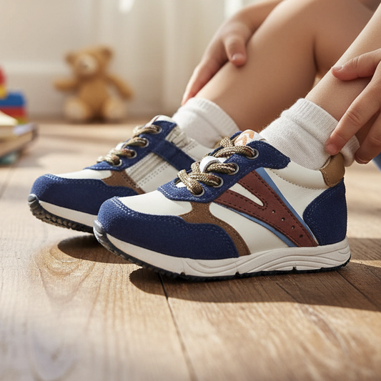 Pierrot Outlet kindersneakers van blauw leer en suède met veters en rits, gedragen door een kind op een houten vloer.
