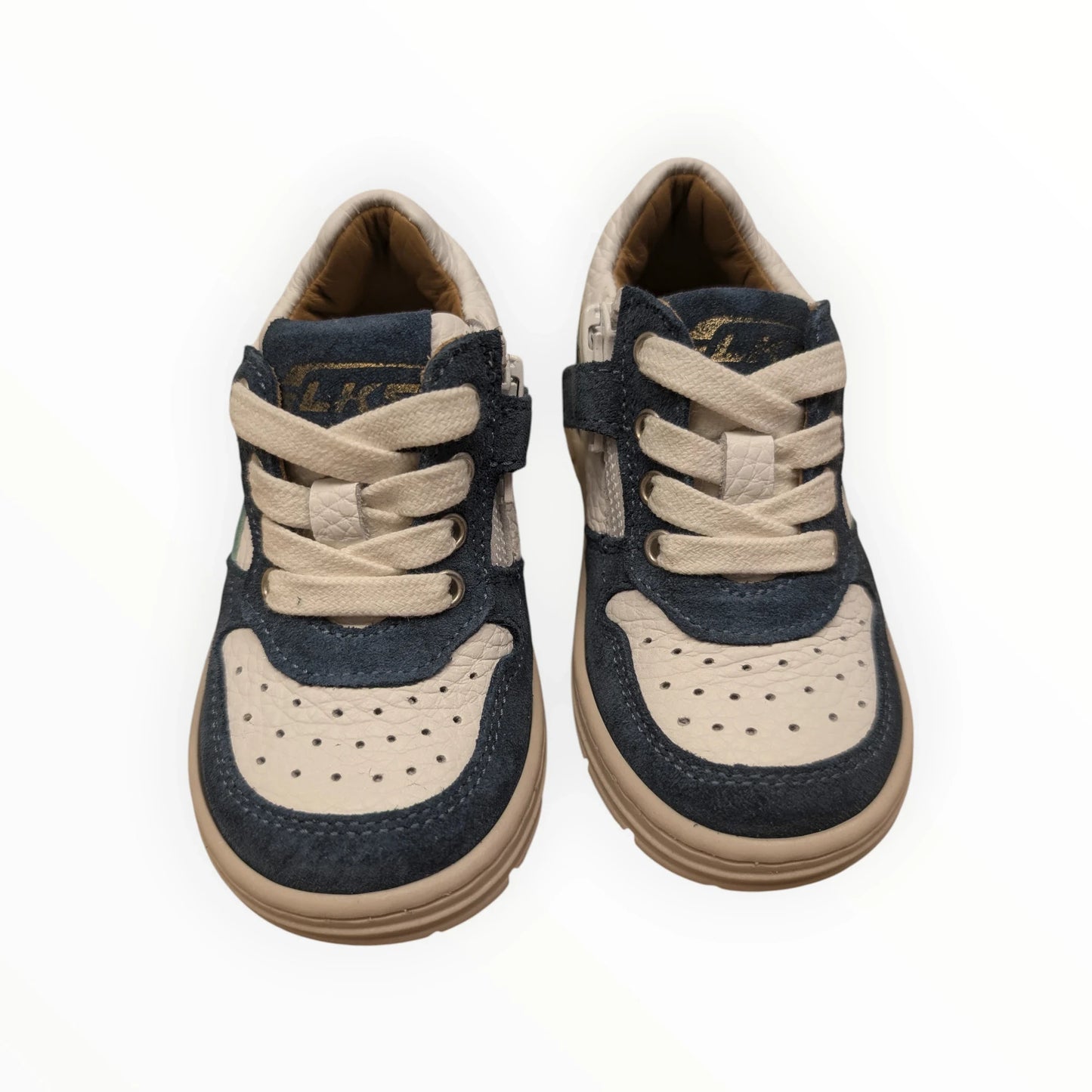 Pierrot Outlet kindersneakers van suède en leer in blauw, beige en groen met veters en klittenbandsluiting.