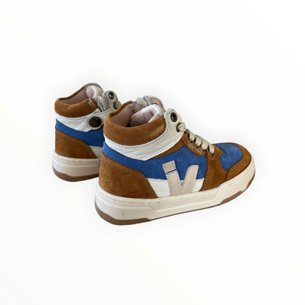 Pierrot Outlet halfhoge kindersneakers in bruin, blauw en wit suède en leer met veters en ritssluiting