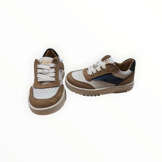 Pierrot Outlet kindersneakers met rits en veters, bruin en wit leer en suède, rubberen zool
