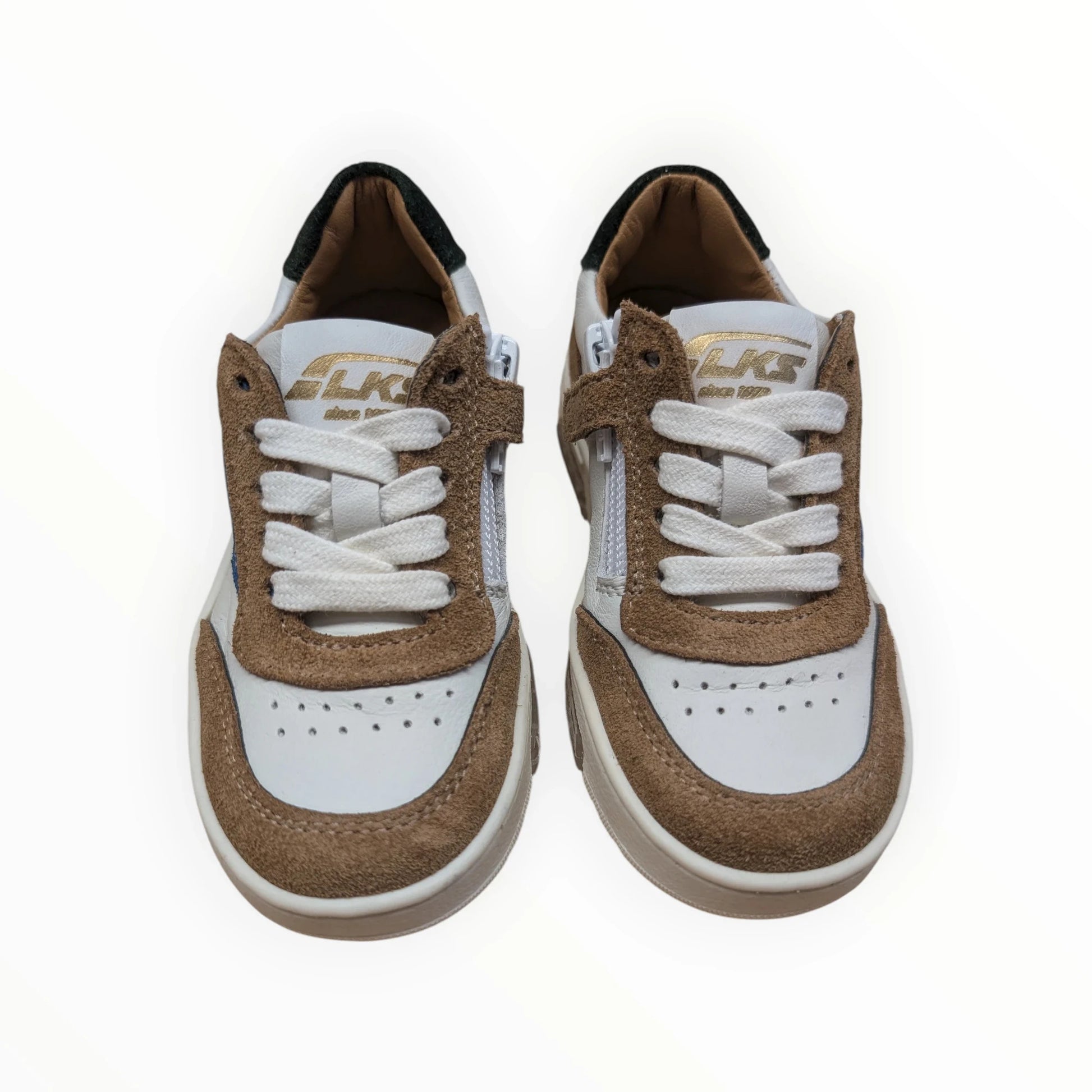 Pierrot Outlet kindersneakers van bruin suède en wit leer met rits en veters