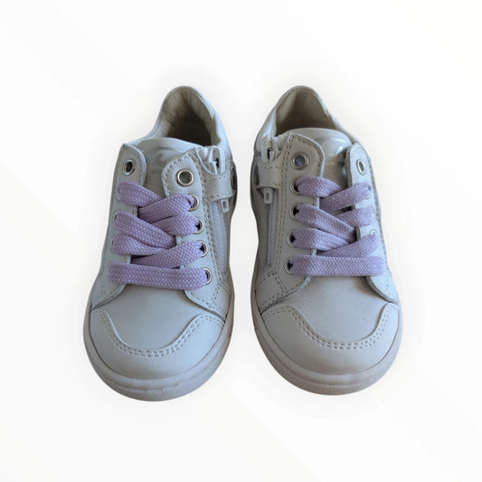Pierrot Outlet kindersneakers in crème met paarse veters en rits, kunstleer, glitterster detail