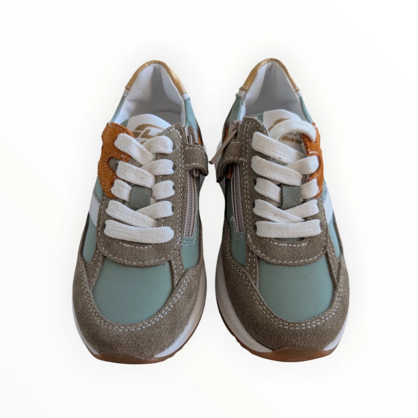 Pierrot Outlet kindersneakers in groen en bruin suède met rits en vetersluiting
