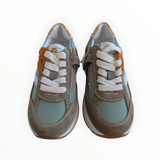 Pierrot Outlet kindersneakers in groen en bruin suède met rits en vetersluiting
