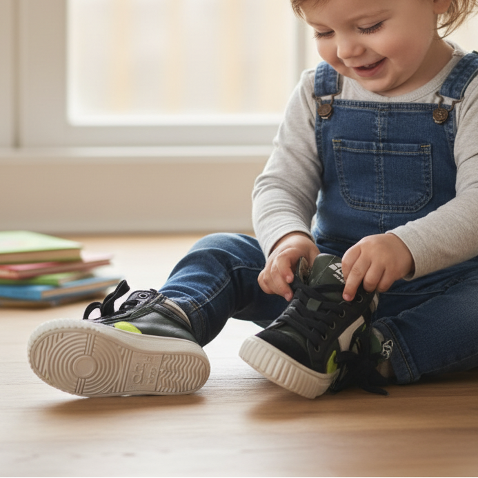Kind in tuinbroek trekt Pierrot Outlet high-top sneakers aan met groen, zwart en neongele accenten op een houten vloer
