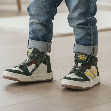 Pierrot Outlet high-top sneakers in groen, bruin en geel gedragen door een kind in een lichte woonkamer.