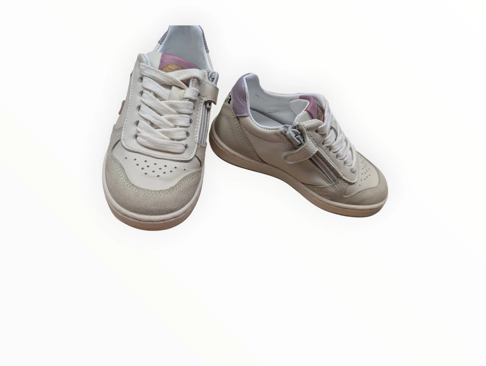 Pierrot Outlet kindersneakers van leer en suède in crème met paarse en roze accenten, ritssluiting en veters
