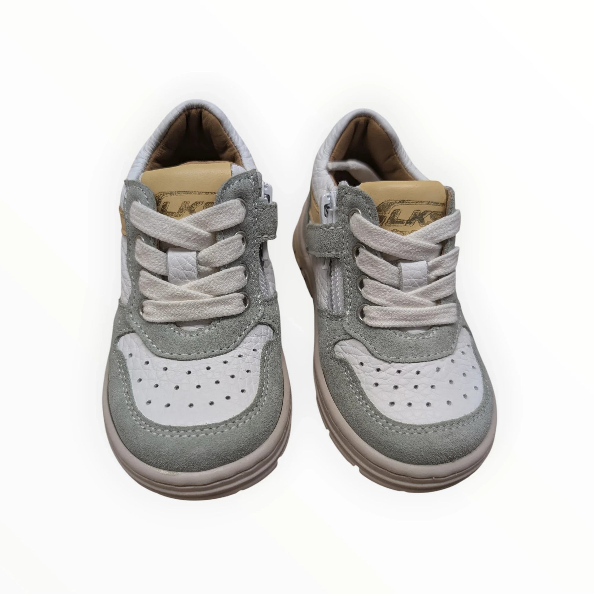 Pierrot Outlet kindersneakers van leer en suède in grijs, wit en geel met rits en vetersluiting.