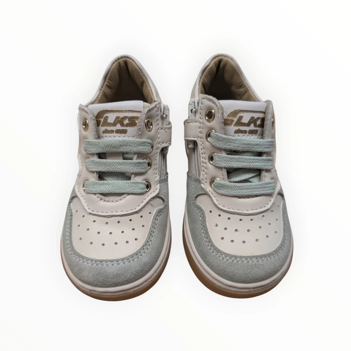 Pierrot Outlet kindersneakers van leer en suède in off-white, lichtgrijs en mintgroen met veters en rits.