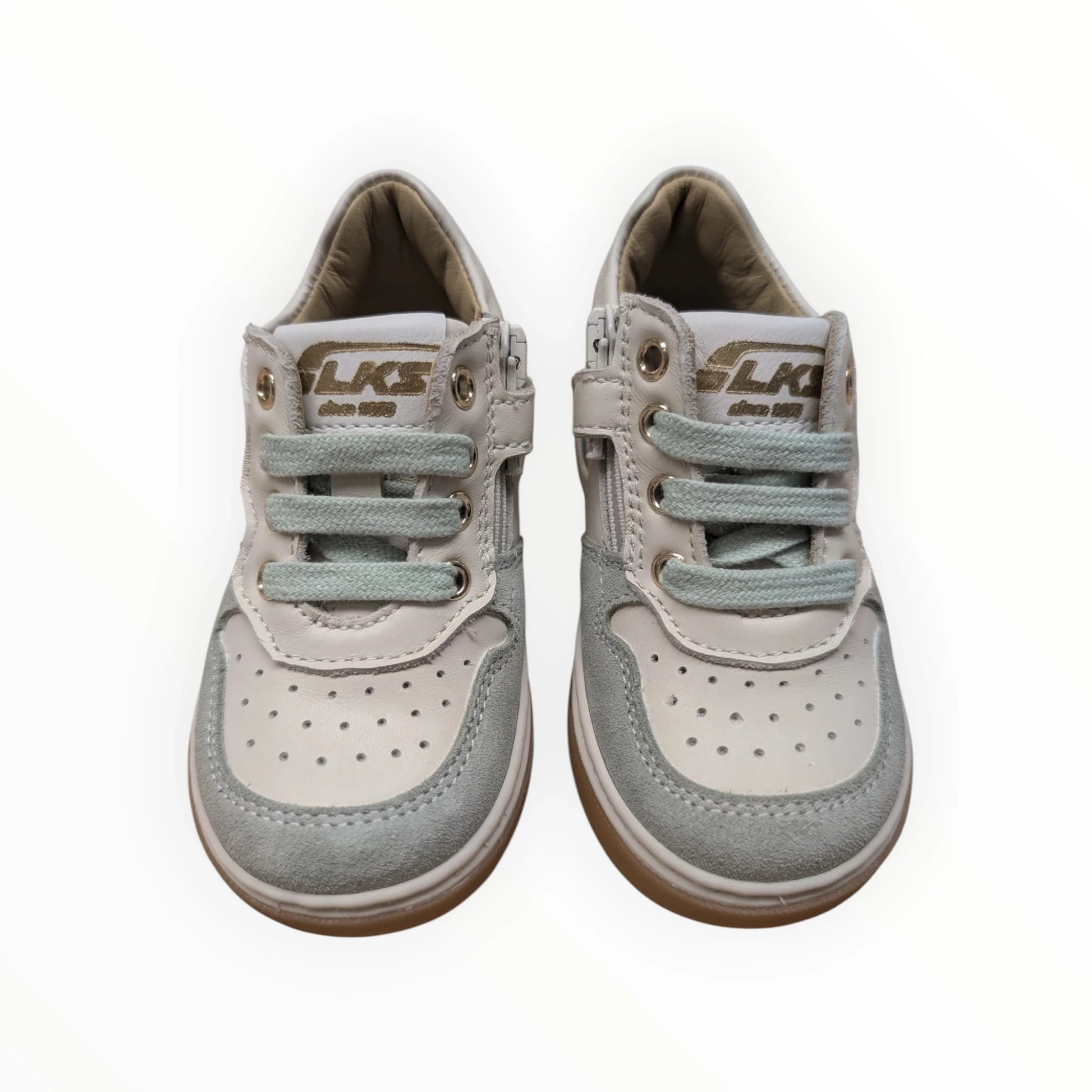 Pierrot Outlet kindersneakers van leer en suède in off-white, lichtgrijs en mintgroen met veters en rits.