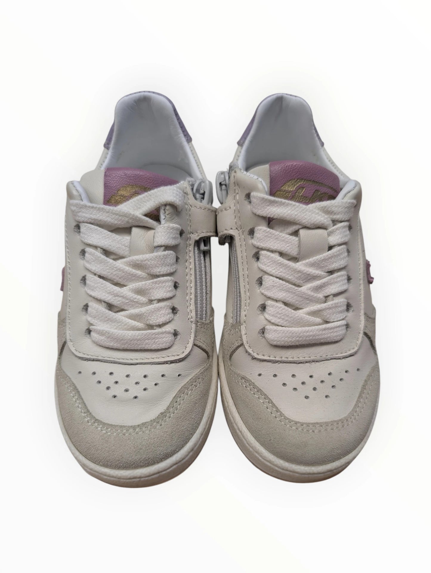Pierrot Outlet kindersneakers van leer en suède in neutraal met paarse en roze accenten, met rits en veters.