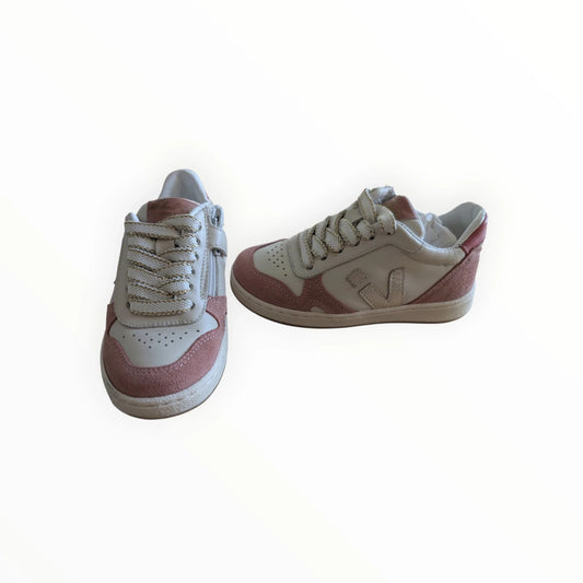 Pierrot Outlet kindersneakers van off-white leer en roze suède met rits en veters. Met sterrenpatroon.