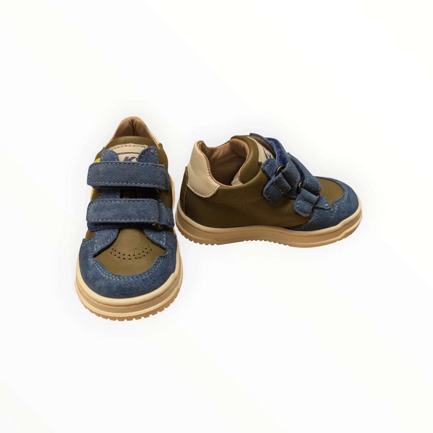Pierrot Outlet kindersneakers olijfgroen en blauw met suède en klittenbandsluiting