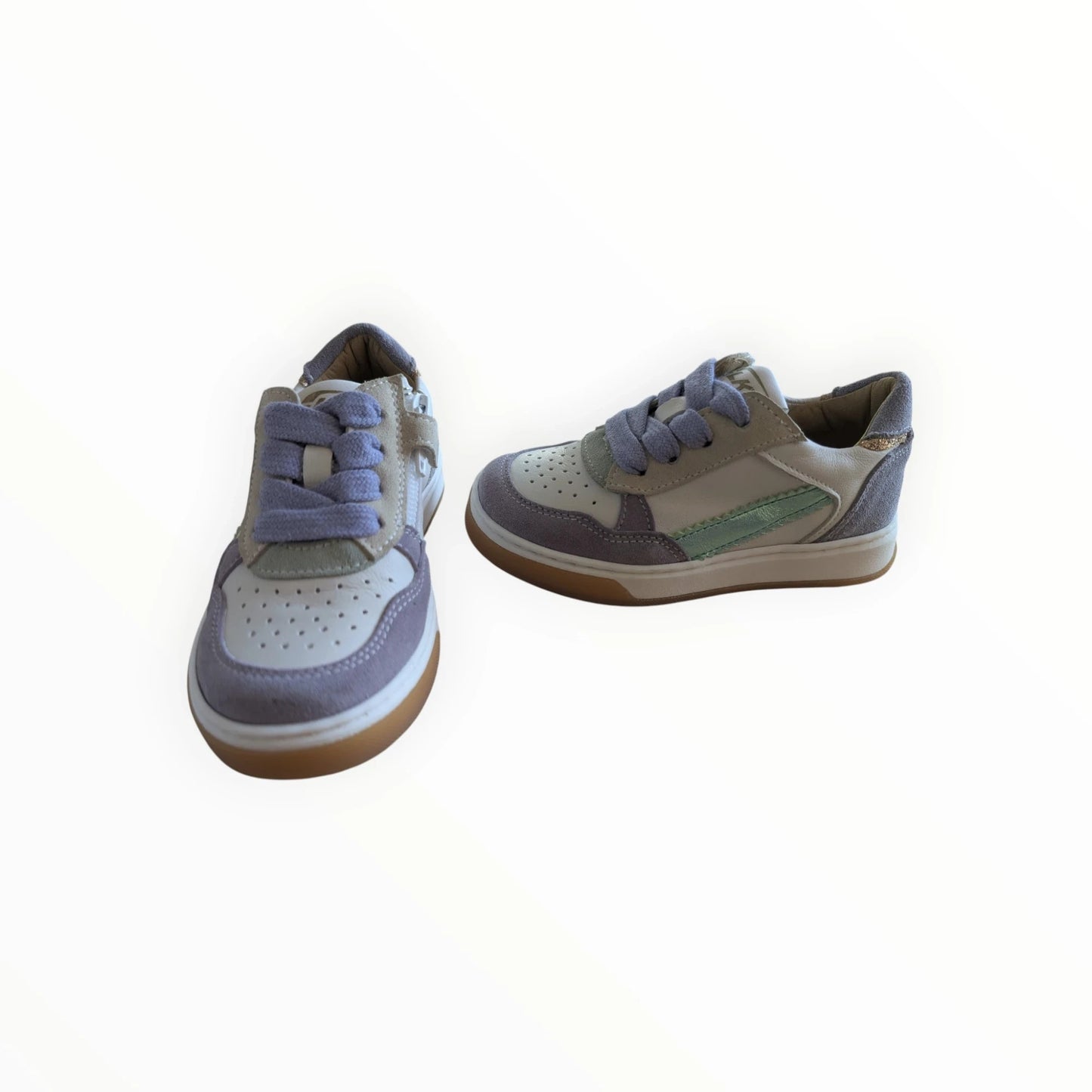 Pierrot Outlet kindersneakers met veters en rits in paars, crème, grijs en groen. Gemaakt van leer en suède.