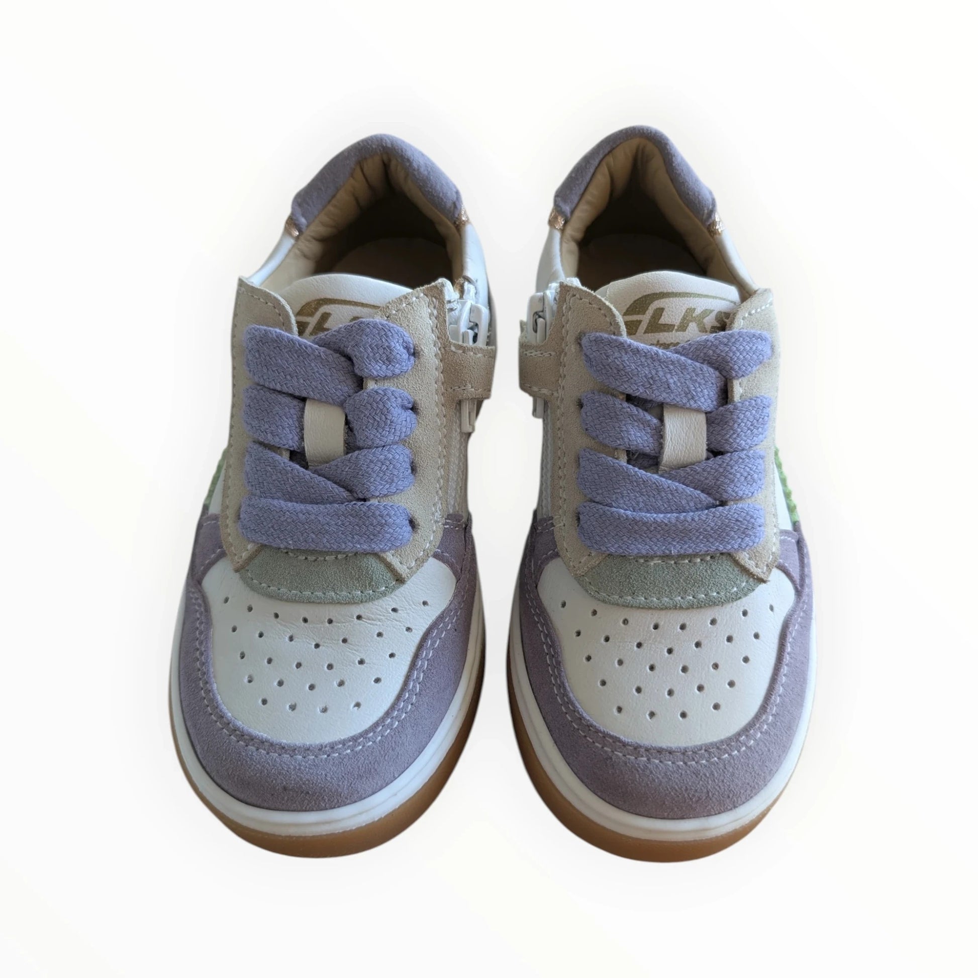 Pierrot Outlet kindersneakers met veters en rits in paars, crème, grijs en groen. Gemaakt van leer en suède met perforaties en een rubberen zool.