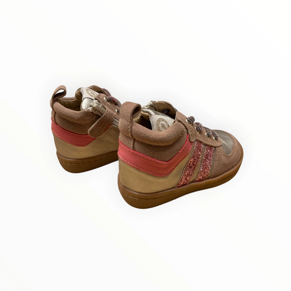 Pierrot Outlet kindersneakers van suède en metallic leer met roze glitterdetails en handige ritssluiting