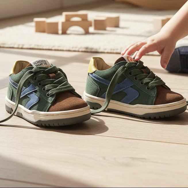 Pierrot Outlet kindersneakers van suède in groen, bruin en blauw met veters en gele accenten op een houten vloer.