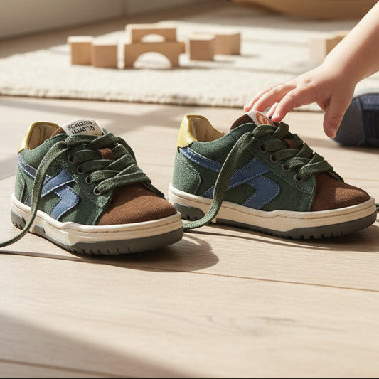 Pierrot Outlet kindersneakers van suède in groen, bruin en blauw met veters en gele accenten op een houten vloer.