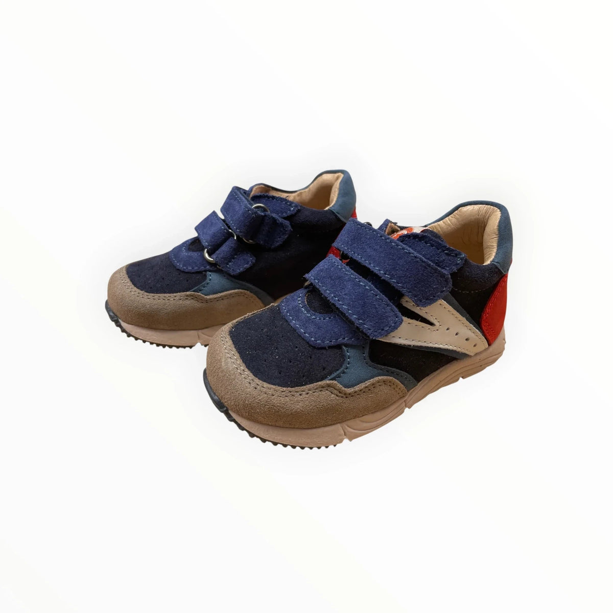 Pierrot Outlet kindersneakers van suède en leer in blauw, bruin en rood met handige klittenbandsluiting