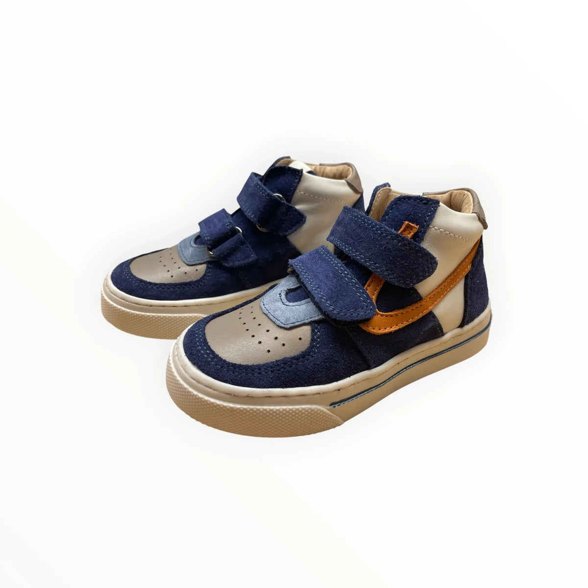 Pierrot Outlet halfhoge kindersneakers in blauw, beige en okergeel suède en leer met handige klittenbandsluiting.
