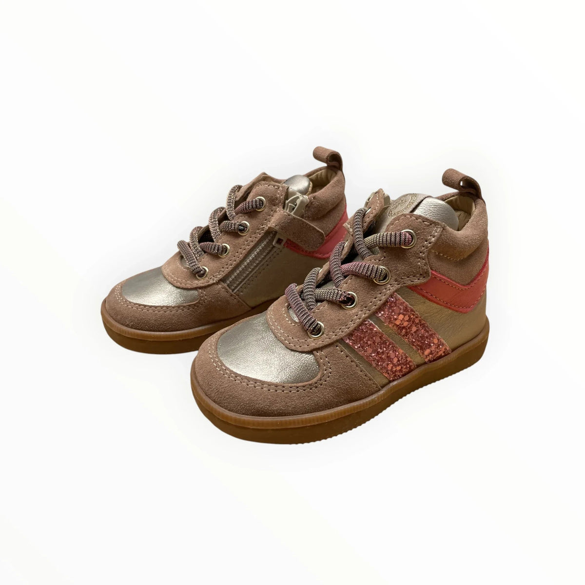 Pierrot Outlet kindersneakers van suède en metallic leer met roze glitterdetails, veters en ritssluiting aan de zijkant