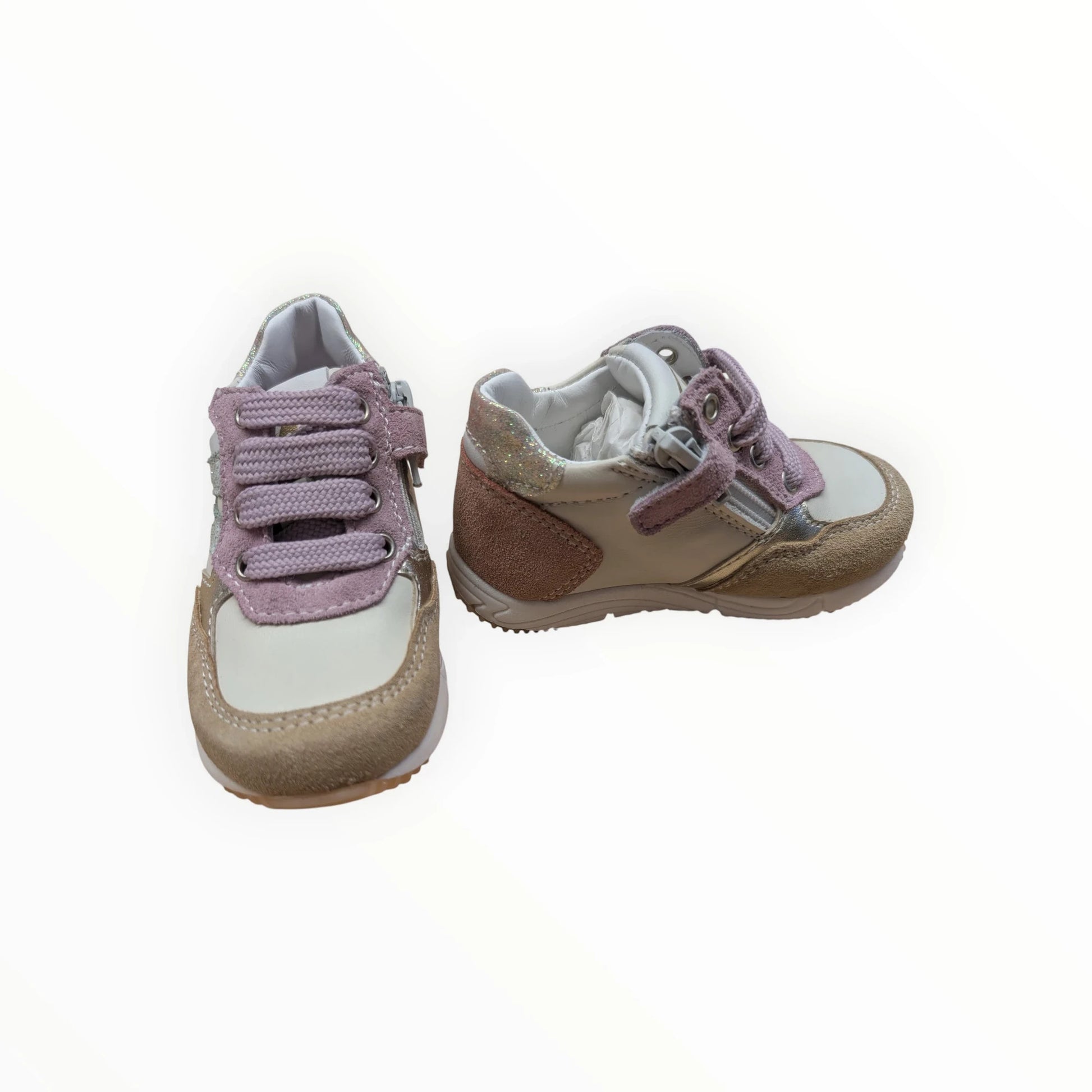 Pierrot Outlet kindersneakers met veters en klittenband in beige, crème en roze met glitteraccenten. Leer en suède.