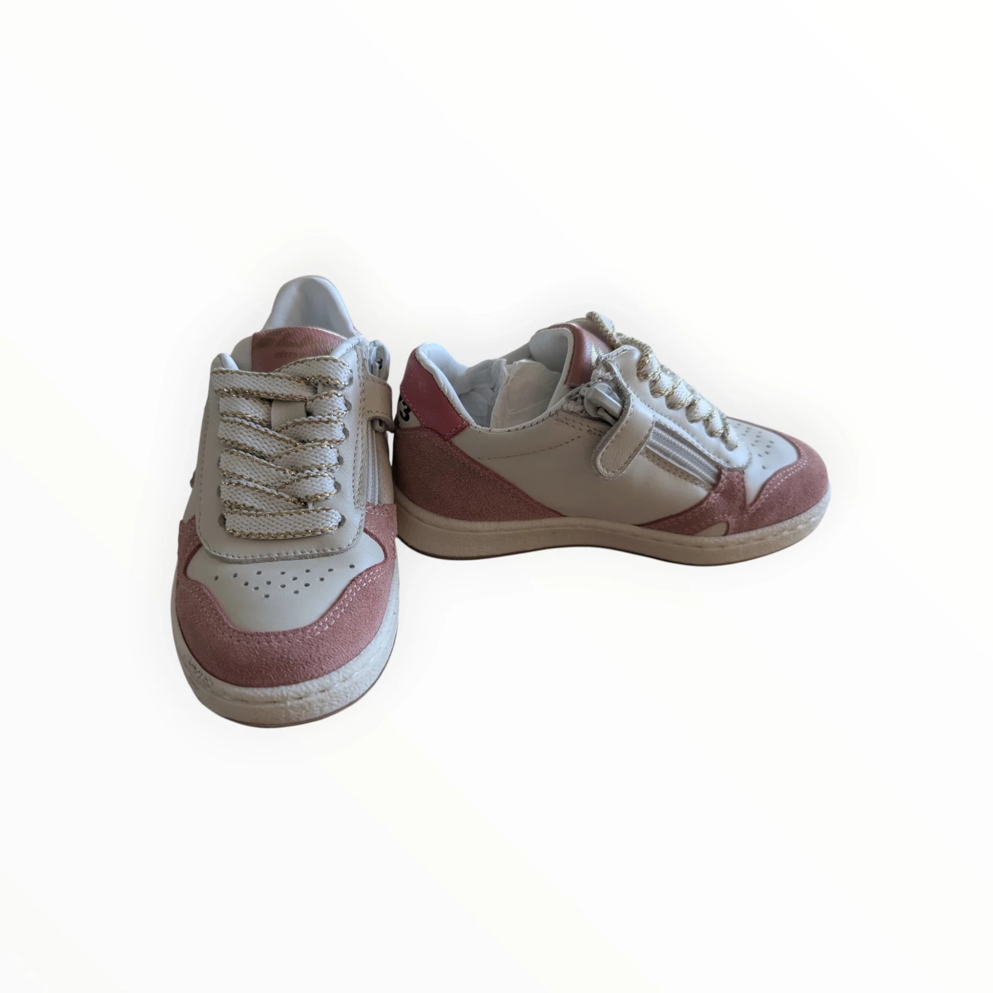 Pierrot Outlet kindersneakers met veters en rits, off-white en roze leer en suède, met sterrenpatroon op de hiel.