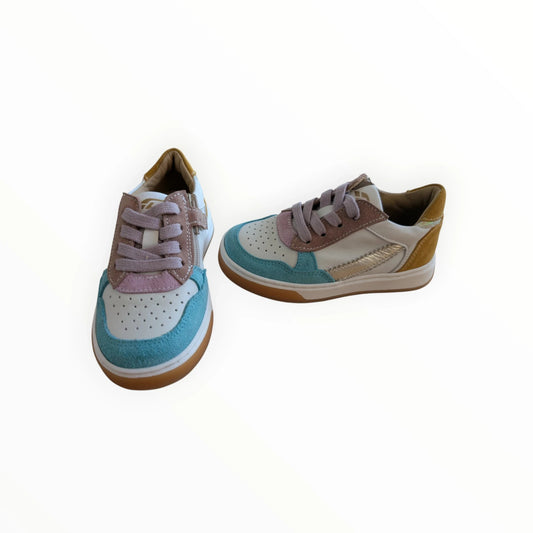 Pierrot Outlet kindersneakers met veters en rits in wit, roze, lichtblauw en mosterdgeel leer en suède.