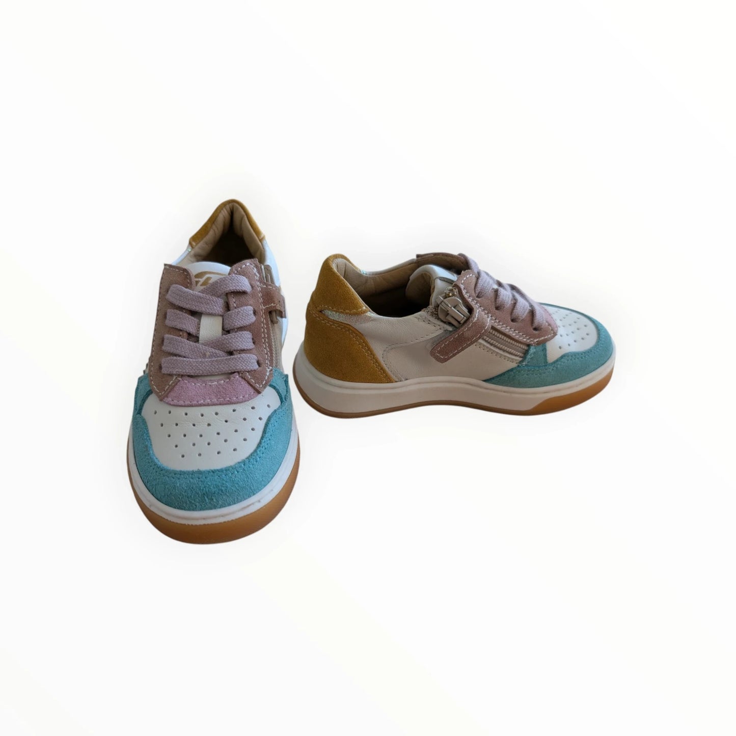 Pierrot Outlet kindersneakers met veters en rits in wit, roze, lichtblauw en mosterdgeel. Leer en suède.