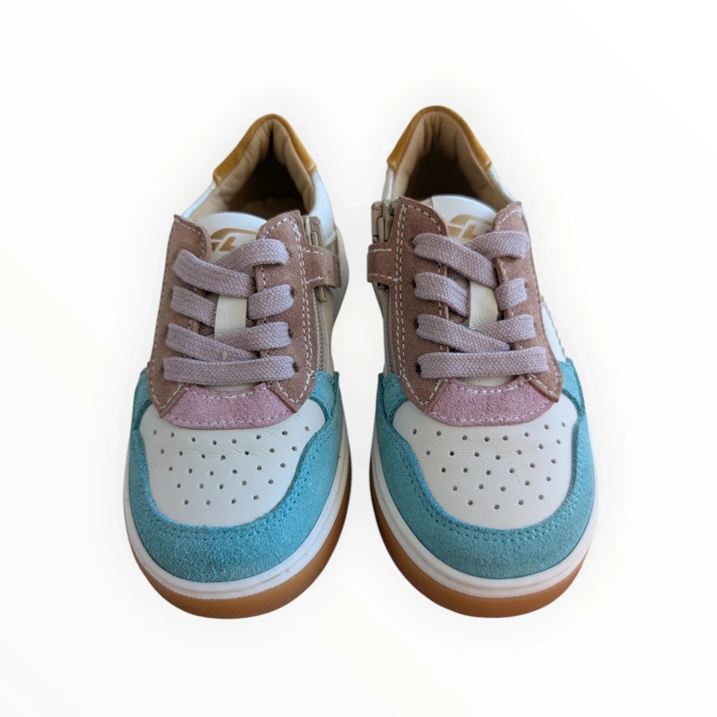 Pierrot Outlet kindersneakers met veters en rits, wit, roze, lichtblauw en mosterdgeel leer en suède.