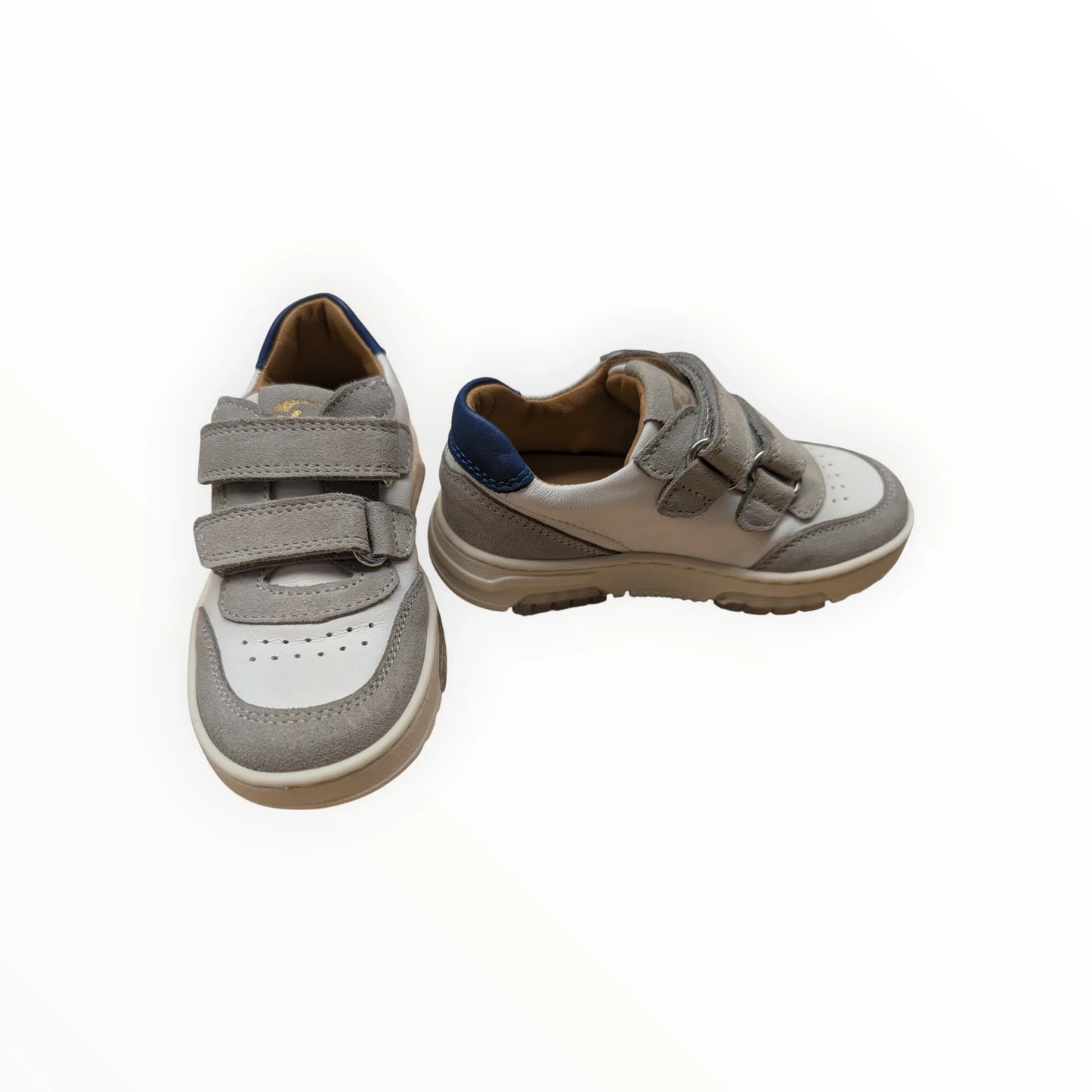 Pierrot Outlet kindersneakers wit en grijs leer met klittenbandsluiting en blauwe accenten