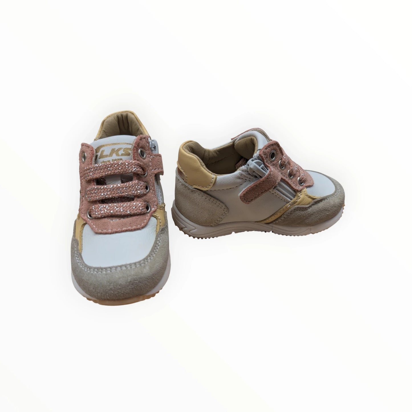 Pierrot Outlet kindersneakers met veters en klittenbandsluiting in wit, grijs, roze en goudkleur. Leer en suède.