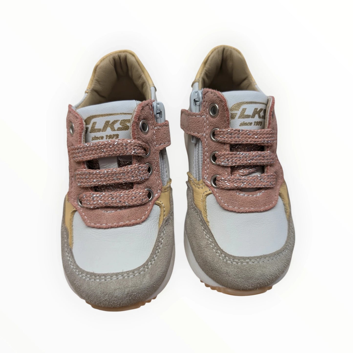 Pierrot Outlet kindersneakers met veters en klittenbandsluiting in wit, grijs, roze en goud. Gemaakt van leer en suède met glitterdetails.