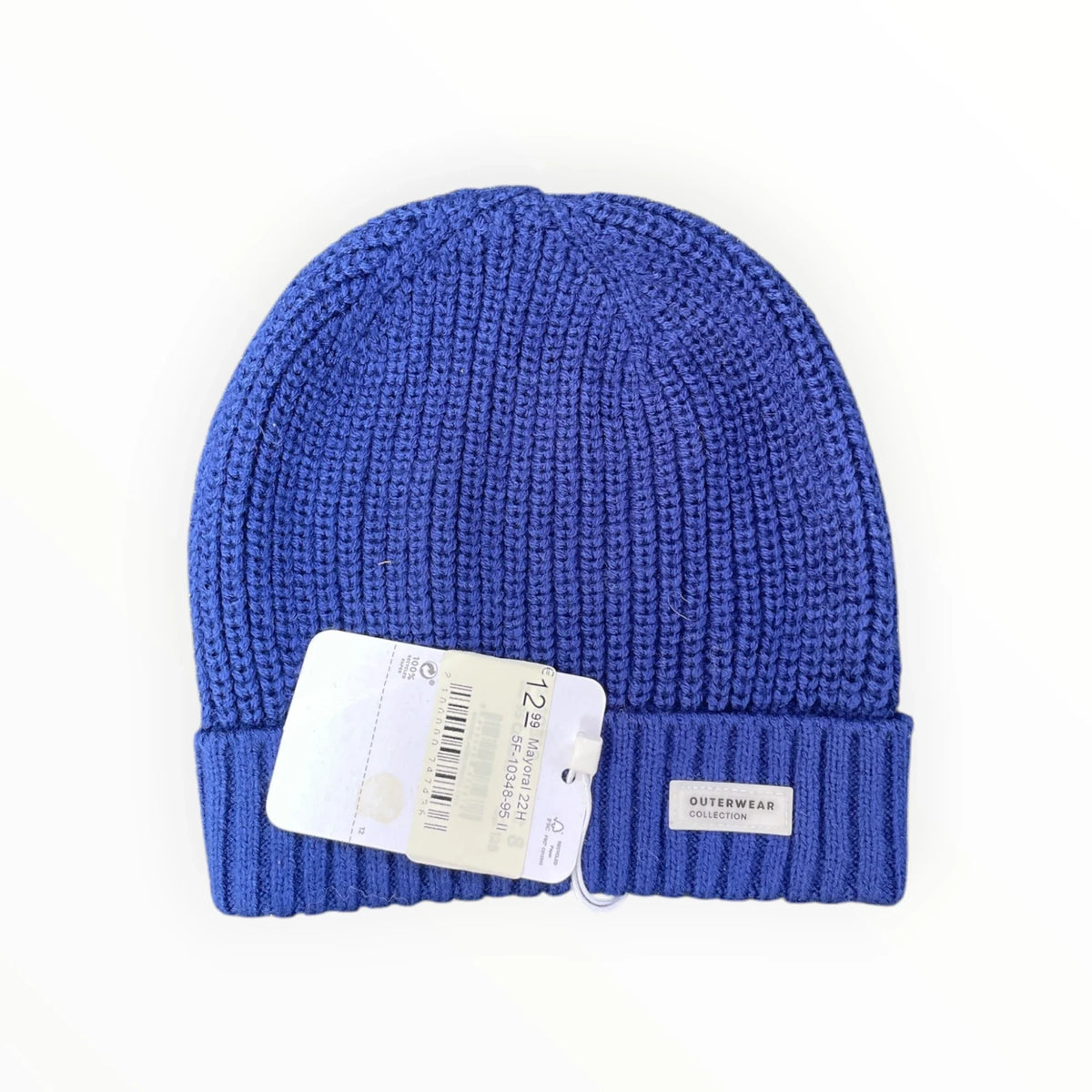 Pierrot Outlet koningsblauwe geribde gebreide wintermuts met een Outerwear Collection-patch op de omslag.